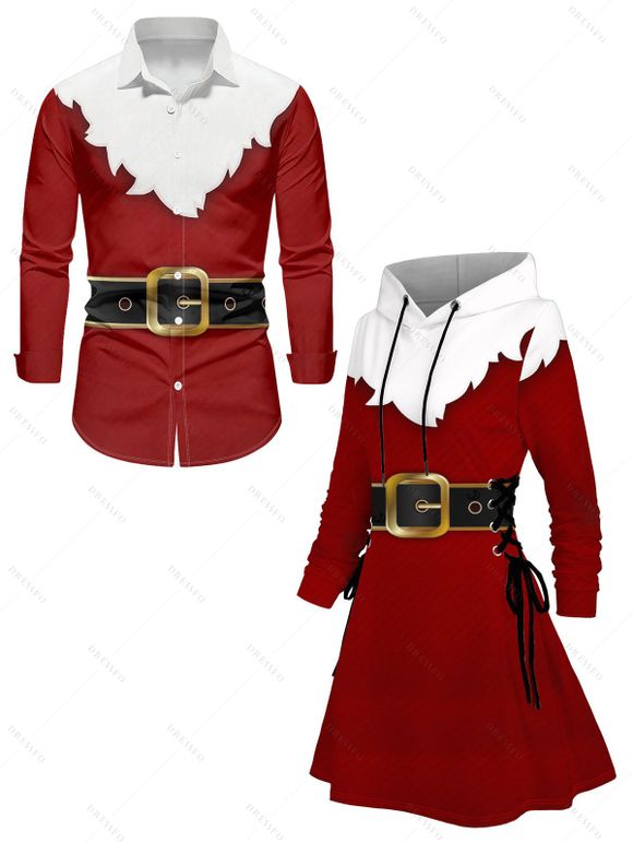 Christmas Couple Outfit Colorblock 3D Print Lace Up Hoodie Dress and Shirt Set - Rouge Vineux S | US 4