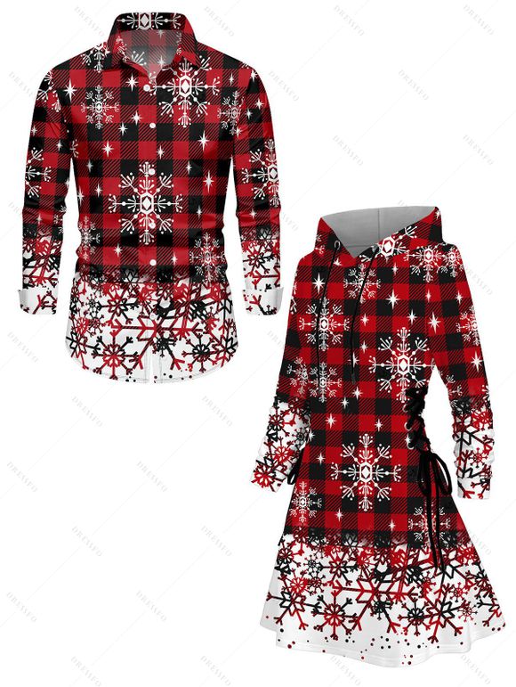 Christmas Couple Outfit Plaid Snowflake Print Lace Up Hoodie Dress and Shirt Set - Rouge foncé S | US 4