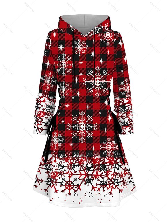 Christmas Couple Outfit Plaid Snowflake Print Lace Up Hoodie Dress and Shirt Set - Rouge foncé S | US 4