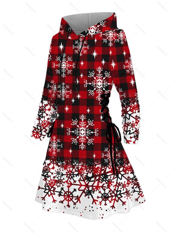 Christmas Couple Outfit Plaid Snowflake Print Lace Up Hoodie Dress and Shirt Set - Rouge foncé S | US 4