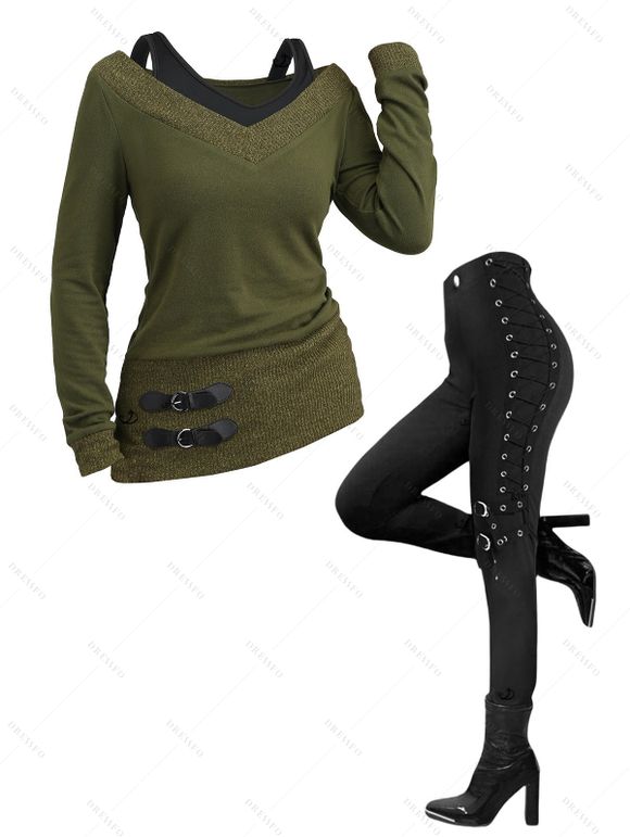 Women Outfit Textured Heather Faux Twinset Top and Grommet Pants Set - Vert Armée S | US 4