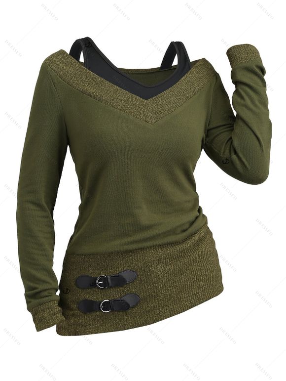 Women Outfit Textured Heather Faux Twinset Top and Grommet Leggings Set - Vert Armée S | US 4