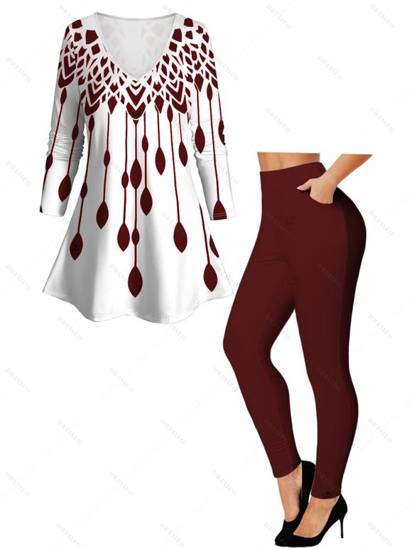 Women Outfit Geometric Print V Neck Long Sleeve Top and Pants Set - Rouge Vineux S | US 4