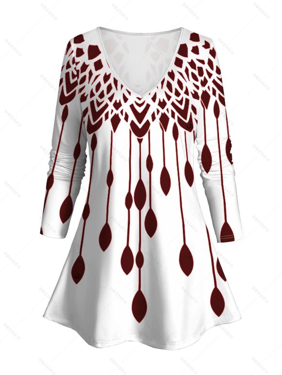 Women Outfit Geometric Print V Neck Long Sleeve Top and Leggings Set - Rouge Vineux S | US 4