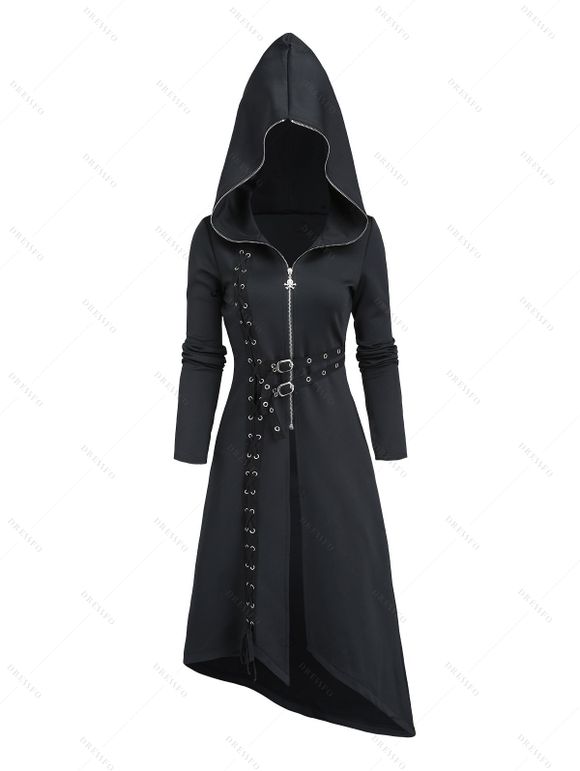 Manteau gothique à capuche de couleur unie, avec œillets, lacets, boucle, fermeture éclair, manteau asymétrique - Noir XXL | US 14