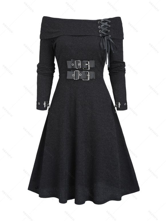 Robe tricotée à lacets de couleur unie, robe à manches longues avec boucle - Noir XXL | US 14