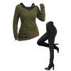 Women Outfit Textured Heather Faux Twinset Top and Grommet Leggings Set - ARMY GREEN S | US 4