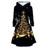 Robe à capuche imprimée sapin de Noël, nœud papillon, étoile, mini-robe à lacets et cordons de serrage - Noir XXXXXL | US 20