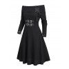 Robe tricotée à lacets de couleur unie, robe à manches longues avec boucle - Noir XXL | US 14