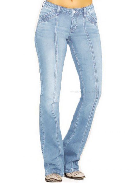 Jean Long Evasé Délavé Surpiqûres avec Poches en Denim à Braguette Zippée