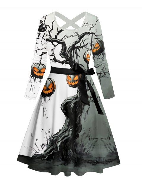Robe d'Halloween à imprimé branches de citrouilles et ceinture croisée