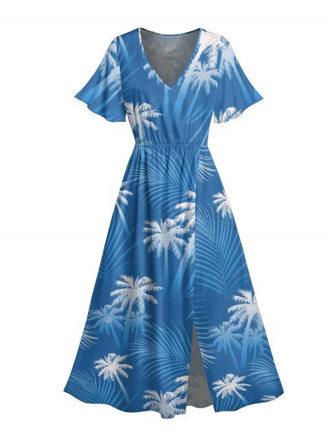 Robe de vacances à imprimé feuilles tropicales et cocotiers, manches évasées et fente