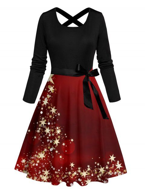 Robe de Noël à imprimé étoiles colorblock, croisée, manches longues, ceinture