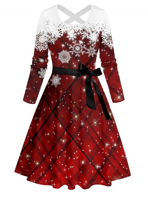 Robe de Noël à carreaux, imprimé flocons de neige, ceinture croisée