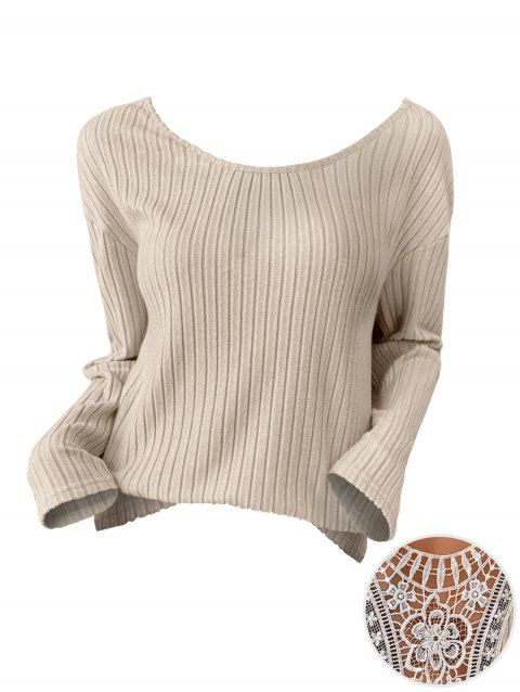 Haut ajouré à empiècements en dentelle texturée et col rond à manches longues