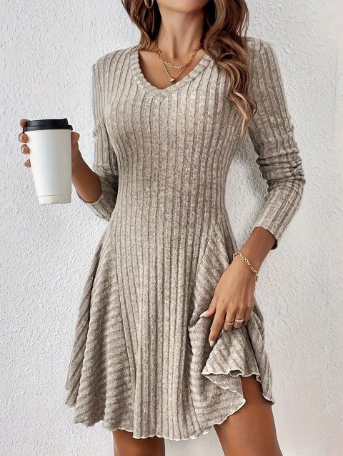 Robe texturée de couleur unie, mini-robe à col en V et manches longues