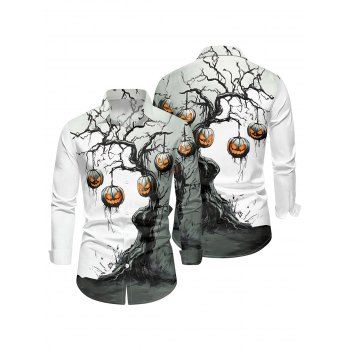 Halloween Couple Outfit Pumpkin Tree Branches Print Crossover Belt Dress and Shirt Set