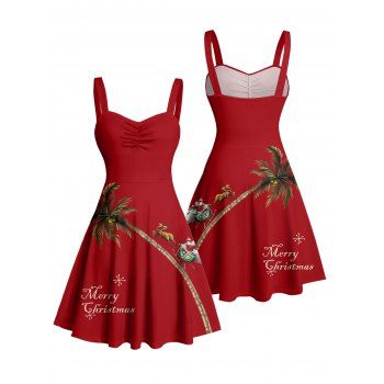 Christmas Dress Elk Santa Claus Tree Letter Print Ruched Mini Dress