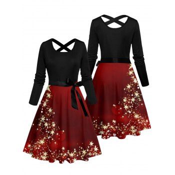Christmas Dress Colorblock Star Print Crossover Long Sleeve Belt Dress