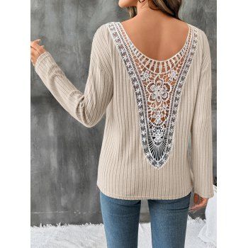 Textured Lace Panel Hollow Out Top Scoop Neck Long Sleeve Top