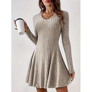 Textured Solid Color Dress V Neck Long Sleeve Mini Dress