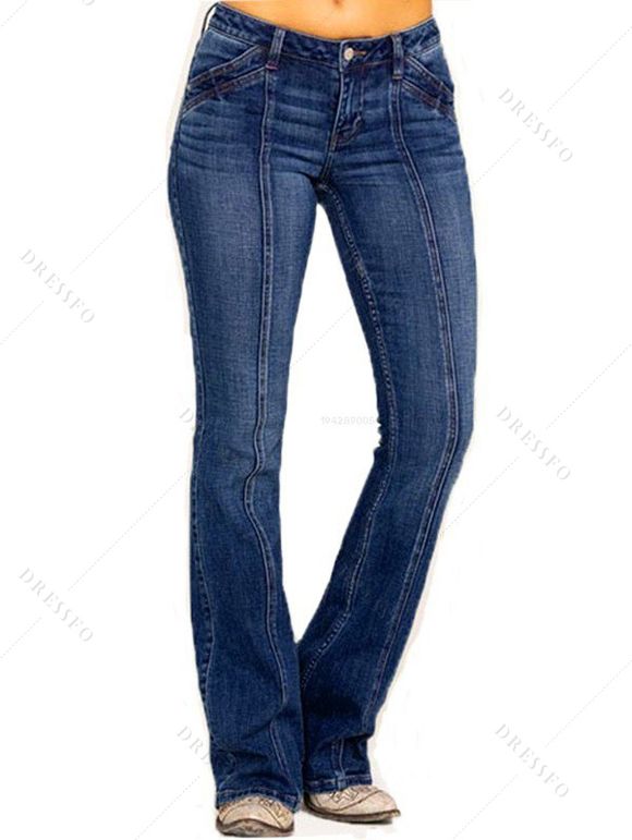 Jean Long Evasé Délavé Surpiqûres avec Poches en Denim à Braguette Zippée - Bleu profond XL