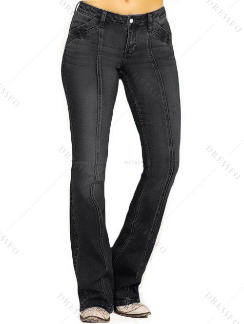 Jean Long Evasé Délavé Surpiqûres avec Poches en Denim à Braguette Zippée - Noir 2XL