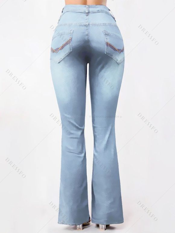 Jean Long Evasé Délavé Surpiqûres avec Poches en Denim à Braguette Zippée - Bleu clair 2XL