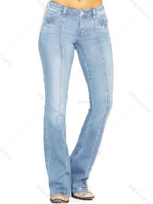 Jean Long Evasé Délavé Surpiqûres avec Poches en Denim à Braguette Zippée - Bleu clair XL