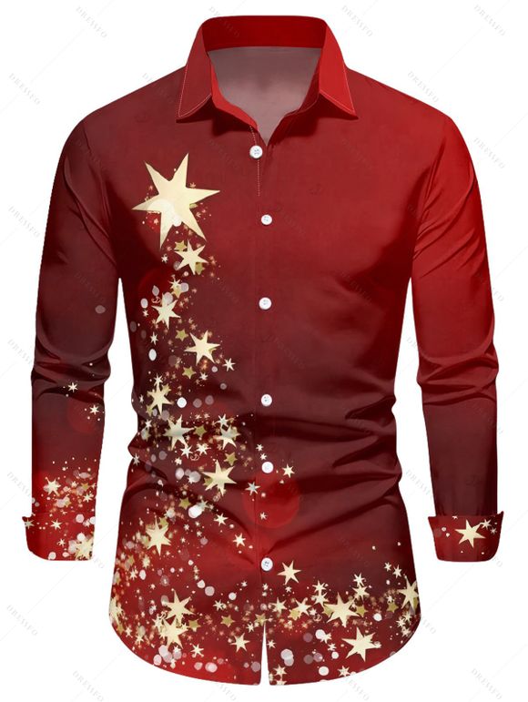 Chemise de Noël à manches longues et boutons pour homme, imprimé étoiles - Rouge Vineux 2XL