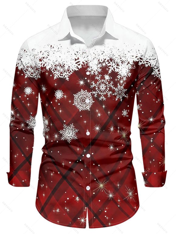 Chemise de Noël à carreaux pour homme, imprimé flocon de neige, manches longues, boutonnée - Rouge Vineux L