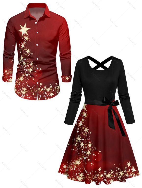 Christmas Couple Outfit Star Print Crossover Belt Dress and Long Sleeve Shirt Set - Rouge Vineux S | US 4