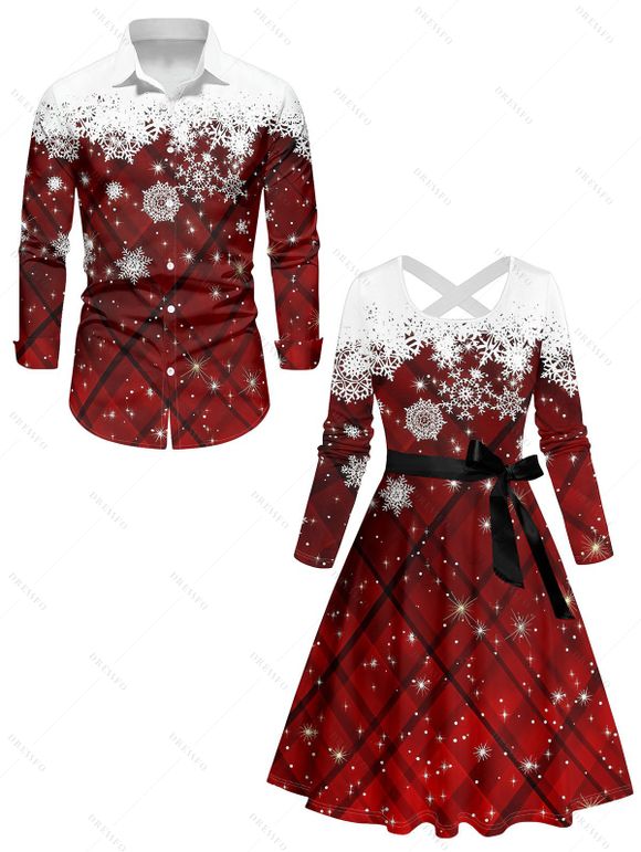Christmas Couple Outfit Plaid Snowflake Print Crossover Belt Dress and Shirt Set - Rouge Vineux S | US 4
