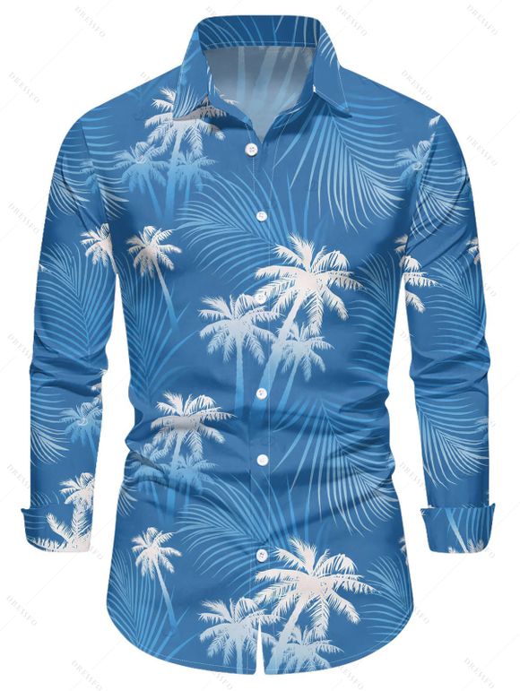 Chemise de vacances pour homme à manches longues et imprimé feuilles tropicales et cocotiers - Bleu Ciel 5XL