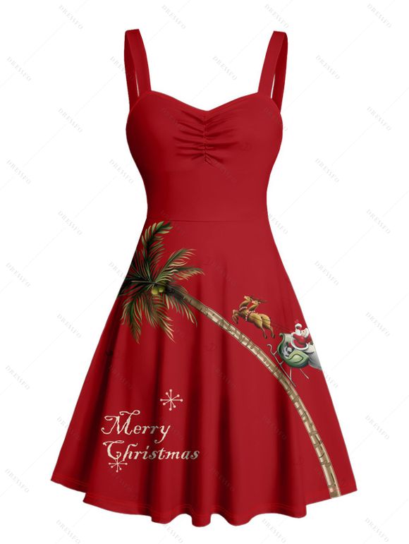 Robe de Noël mini-robe froncée à imprimé lettres, motif élan, père Noël et arbre - Rouge Vineux XXXXXL | US 20