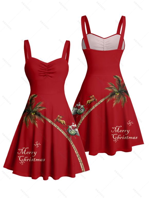 Robe de Noël mini-robe froncée à imprimé lettres, motif élan, père Noël et arbre - Rouge Vineux XL | US 12