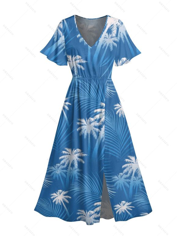 Robe de vacances à imprimé feuilles tropicales et cocotiers, manches évasées et fente - Bleu Ciel M | US 6