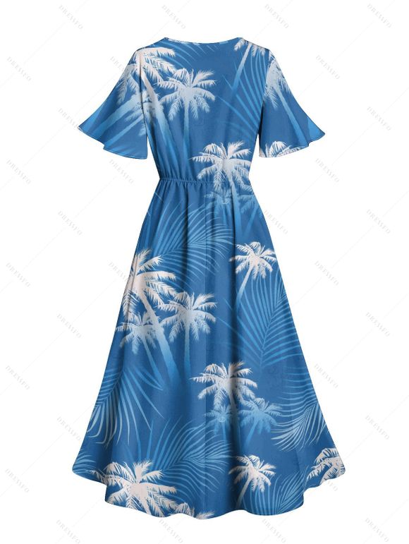 Robe de vacances à imprimé feuilles tropicales et cocotiers, manches évasées et fente - Bleu Ciel XXL | US 14