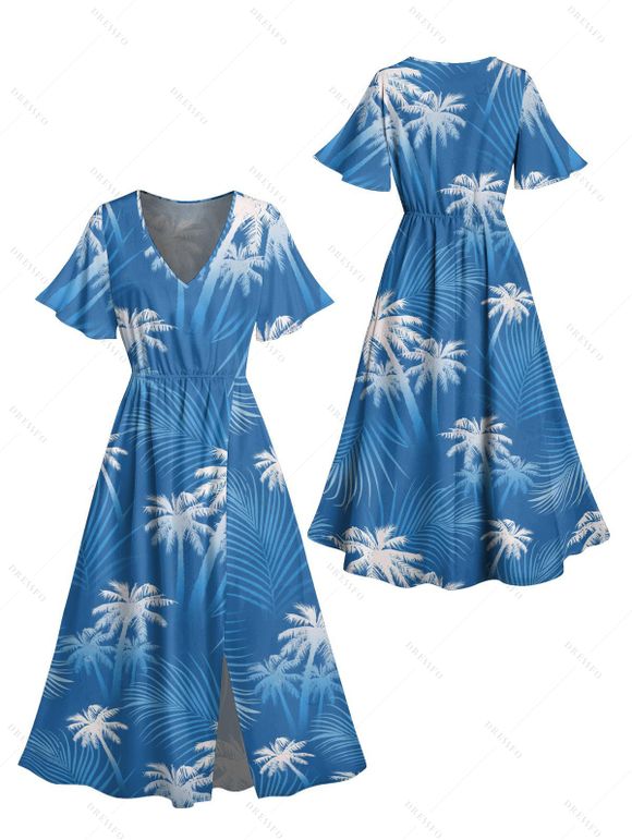 Robe de vacances à imprimé feuilles tropicales et cocotiers, manches évasées et fente - Bleu Ciel XXL | US 14