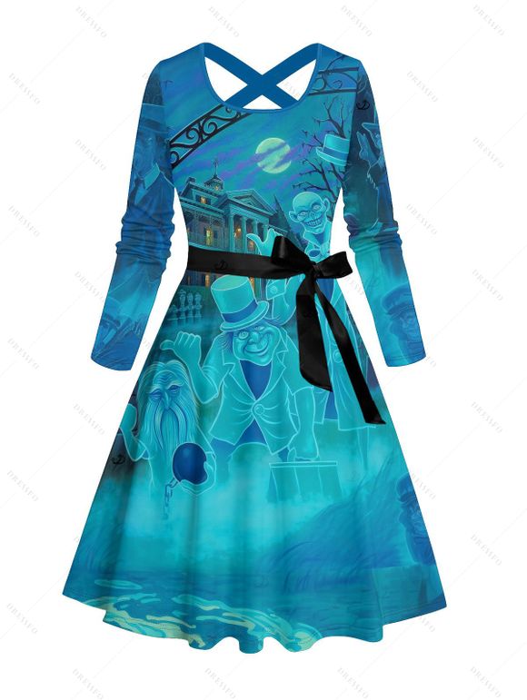 Robe imprimée nuit d'Halloween, robe croisée à manches longues et ceinture - Pers XXXXXL | US 20