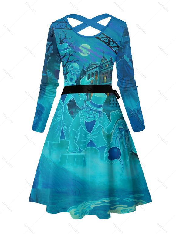 Robe imprimée nuit d'Halloween, robe croisée à manches longues et ceinture - Pers XXL | US 14