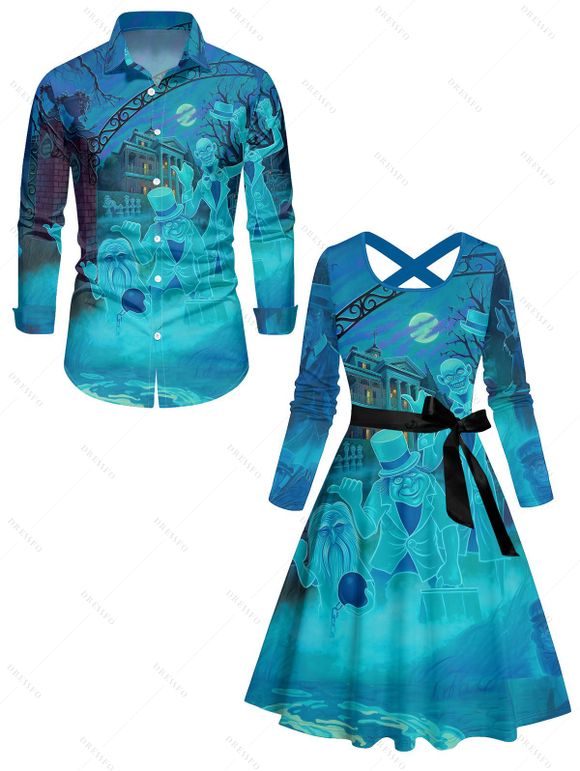 Couple Outfit Halloween Night Print Crossover Belt Dress and Long Sleeve Shirt Set - Pers S | US 4