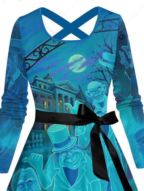 Robe imprimée nuit d'Halloween, robe croisée à manches longues et ceinture - Pers XXL | US 14