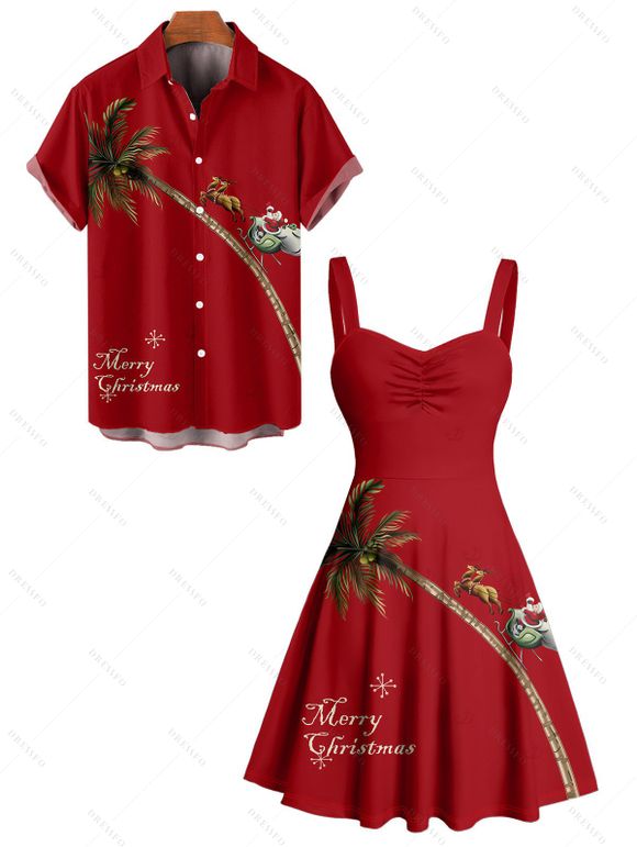 Christmas Couple Outfit Elk Santa Claus Tree Letter Print Dress and Shirt Set - Rouge Vineux S | US 4