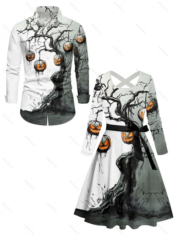 Halloween Couple Outfit Pumpkin Tree Branches Print Crossover Belt Dress and Shirt Set - Noir S | US 4