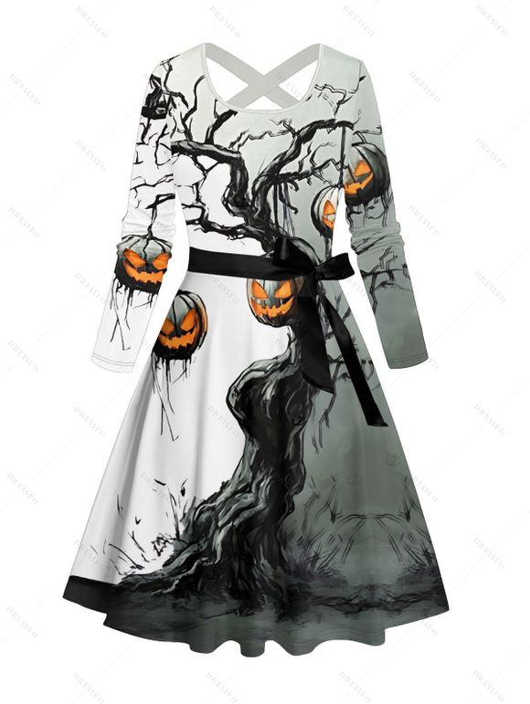 Halloween Couple Outfit Pumpkin Tree Branches Print Crossover Belt Dress and Shirt Set - Noir S | US 4