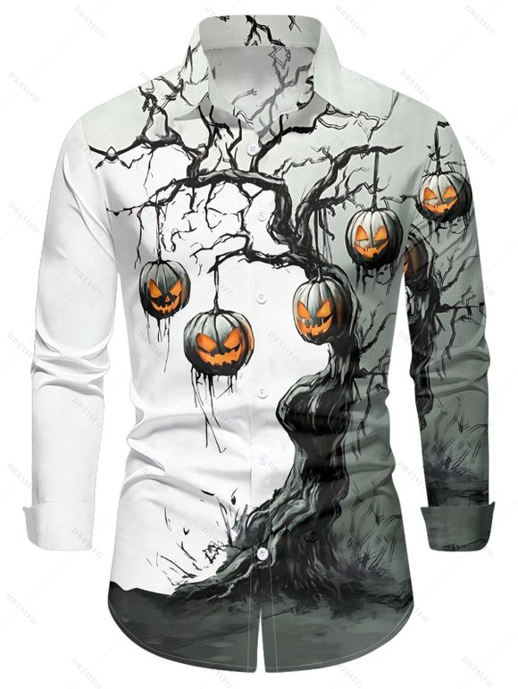 Halloween Couple Outfit Pumpkin Tree Branches Print Crossover Belt Dress and Shirt Set - Noir S | US 4
