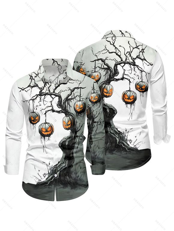 Halloween Couple Outfit Pumpkin Tree Branches Print Crossover Belt Dress and Shirt Set - Noir S | US 4