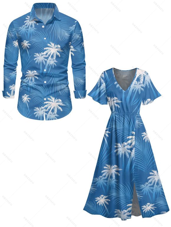 Vacation Couple Outfit Leaf Coconut Tree Print Slit Dress and Shirt Set - Bleu Ciel S | US 4
