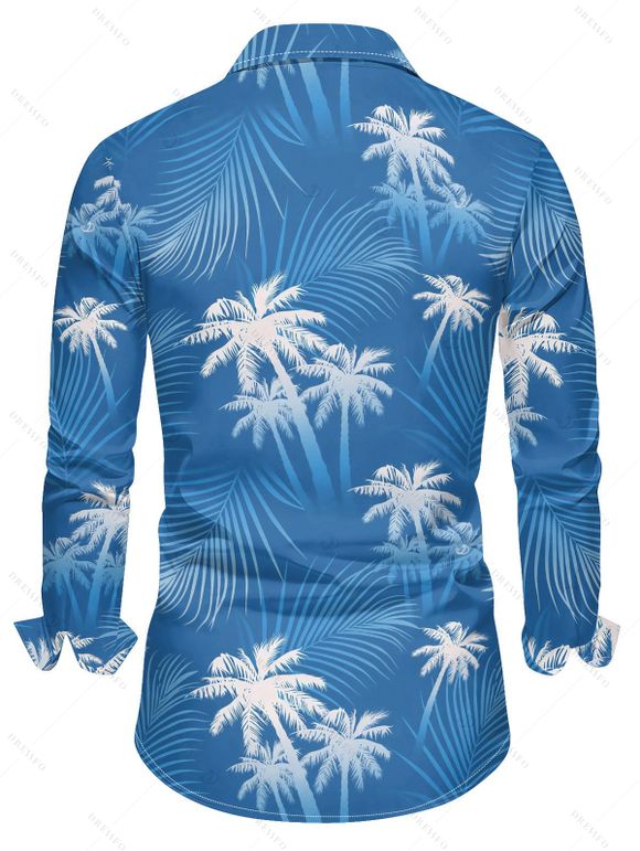 Vacation Couple Outfit Leaf Coconut Tree Print Slit Dress and Shirt Set - Bleu Ciel S | US 4